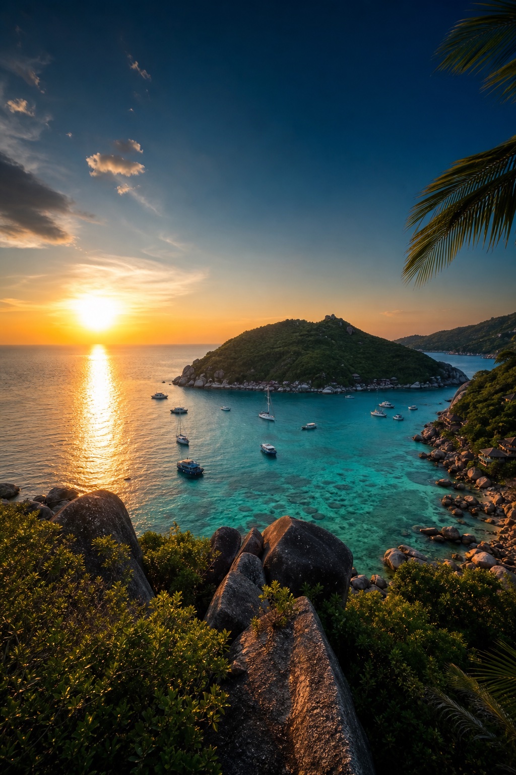 Sunset over a turquoise bay in Koh Tao, Thailand